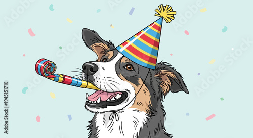 Dog wearing party hat blowing noise maker.