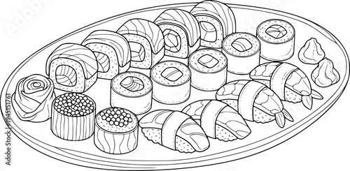 Abstract line drawing of assorted sushi rolls on a platter
