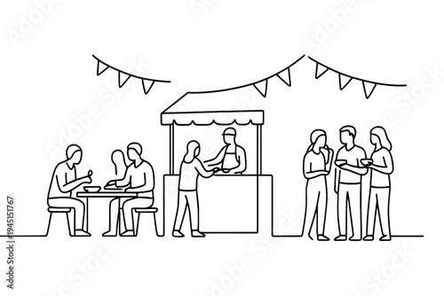 Minimalist Food Market. "Street Feast". Minimalistic one-line drawing outdoor food market with people enjoying
