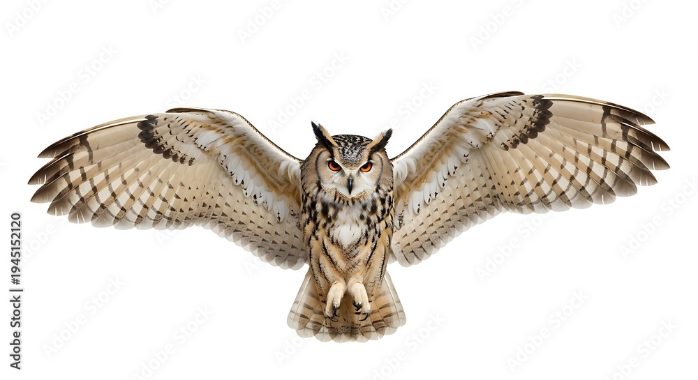 Fototapeta premium Majestic Owl with Wings Fully Extended in Powerful Flight Against a Pristine White Studio Background
