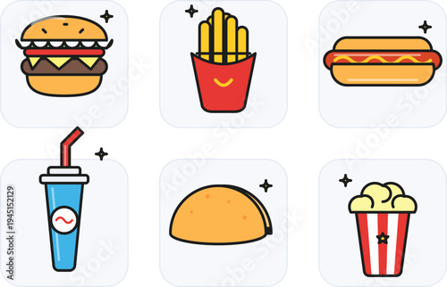 Set of 6 colorful food icons vector, fast food symbols