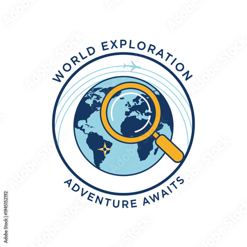 World Exploration Adventure Awaits: Magnifying Glass Over Globe with Airplane Trails