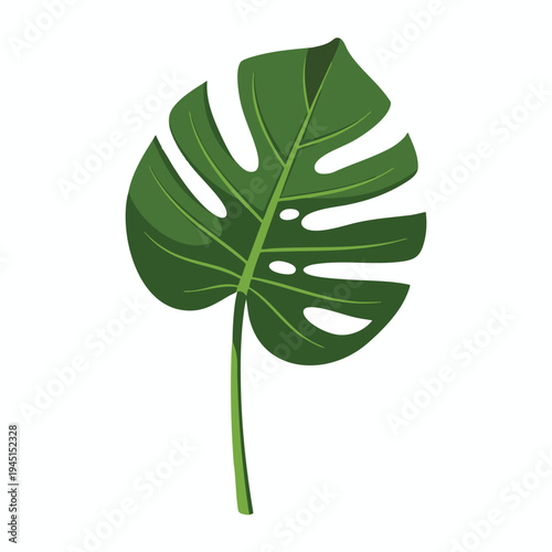 A stylized green leaf with holes and prominent veins on a white background