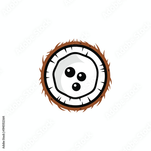 A minimalist, top-down illustration of a halved coconut with three black dots