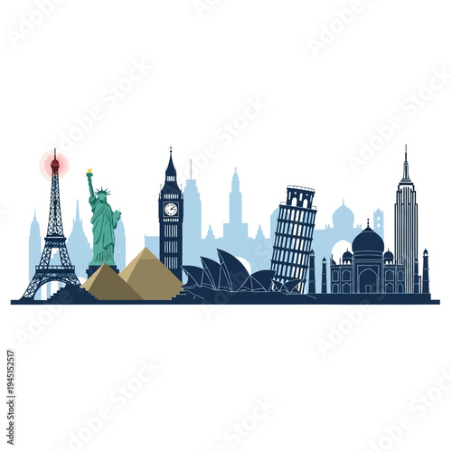 World Famous Landmarks Silhouette Travel Skyline Vector Illustration