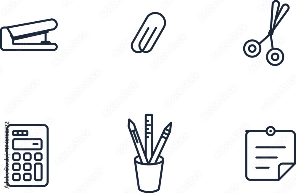 Obraz premium Set of 6 office supply icons vector, business stationery illustrations