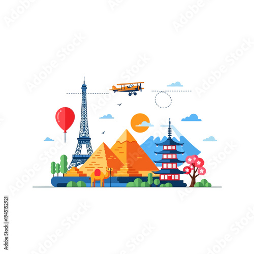 World Landmarks Collage: Eiffel Tower, Pyramids, Pagoda, Mount Fuji, Airplane