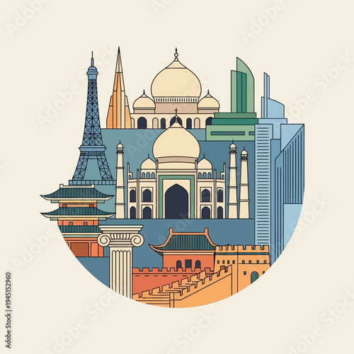 World Landmarks Collage: Eiffel Tower, Taj Mahal, Great Wall, Pagoda, Modern City