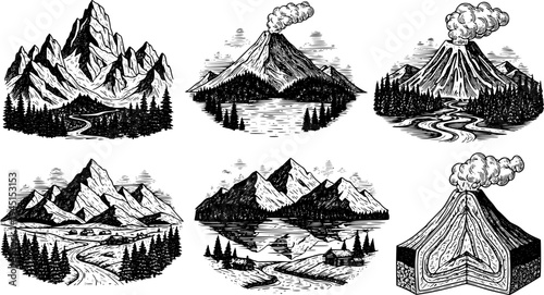 Collection of vintage style mountain and volcano landscape engravings. Vector hand drawn illustration
