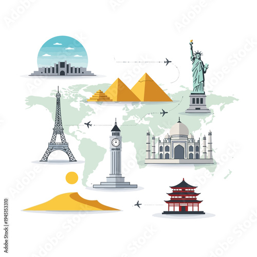 World Landmarks Travel Collage: Iconic Destinations on a World Map