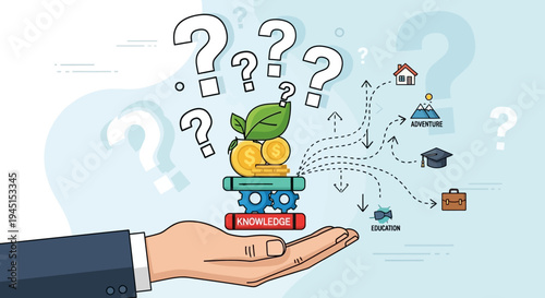 A hand holding a stack of books and a lemon with question marks floating above.