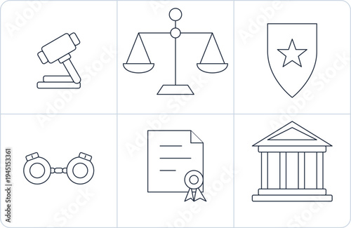 Set of 6 law and justice icons vector, line style