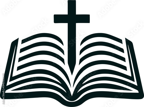 Open Bible with Christian Cross Silhouette - Minimalist Church Logo Vector Icon Illustration
