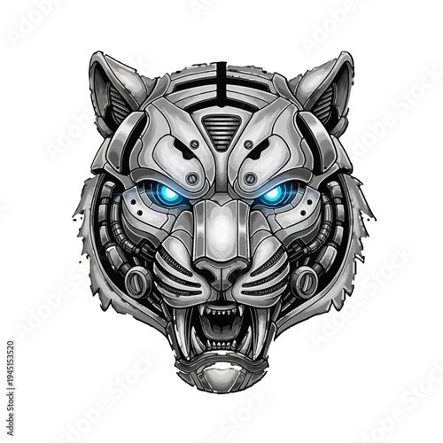 A robotic tiger head with glowing blue eyes.