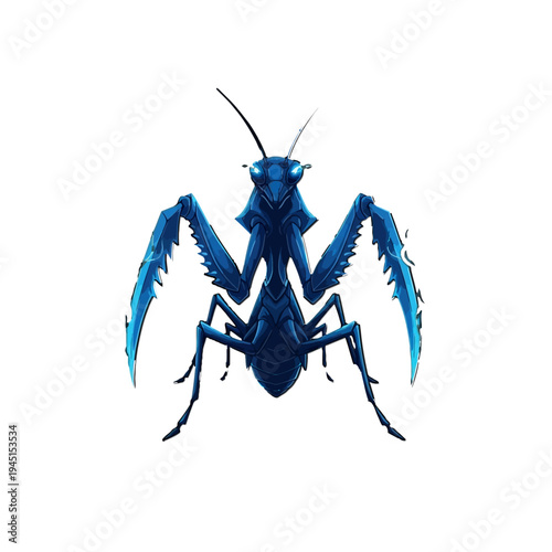 A blue praying mantis insect standing still.