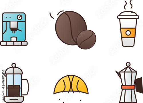 Set of 6 coffee icons vector, flat style, colorful
