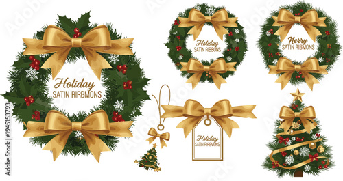 Vector Illustration of Christmas Holiday Wreaths, Satin Ribbons, Ornaments, and a Festive Tree for Holiday Decorations