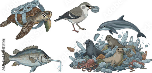Vector Illustration of Wildlife Affected by Plastic Pollution: Marine Animals with Waste in Ocean and Environment