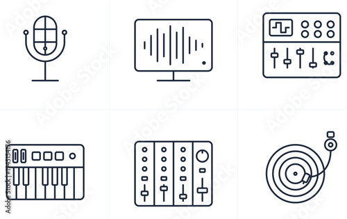 Set of 6 audio equipment icons vector, sound and music symbols
