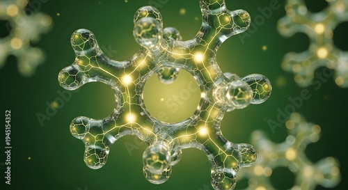 Abstract molecular structure with glowing connections and particles on a green background