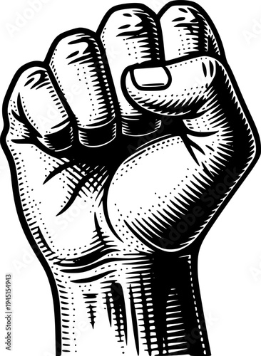 Hand raised in a powerful fist gesture, rendered in an antique engraving style