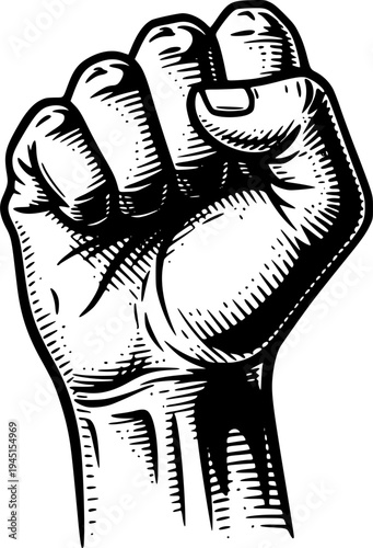 Hand raised in a powerful fist gesture, rendered in an antique engraving style