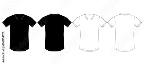 V Neck T Shirt Front and Back View Black and Outline Apparel Vector Template