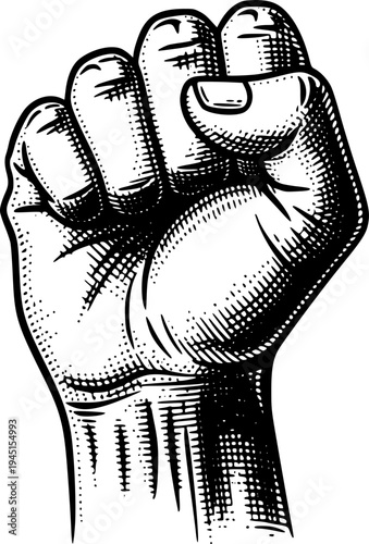 Hand raised in a powerful fist gesture, rendered in an antique engraving style