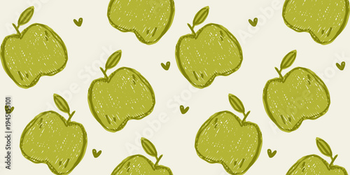 Hand Drawn Green Apple Seamless Pattern, Cute Fruit Illustration Background for Textile and Wallpaper Design

