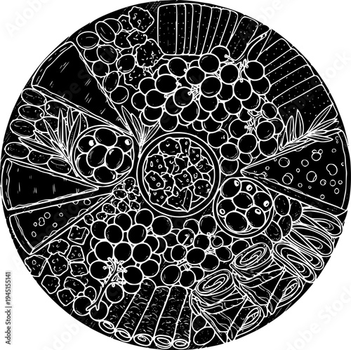 A delightful round charcuterie board filled with an inviting variety of gourmet cheeses, fresh grapes, savory olives, crispy crackers, and cured meats