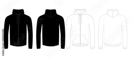 Zip Up Hoodie Sweatshirt Front and Back View Black and Outline Vector Template