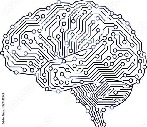 Digital brain illustration with integrated circuit board patterns representing artificial intelligence, machine learning, and advanced technological thought processes.