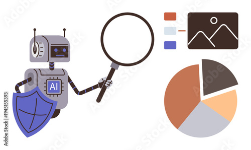 Data analysis, cybersecurity, artificial intelligence, research, risk assessment, technology solutions. Robot holding magnifying glass and shield, next to pie chart and color icons. Data analysis