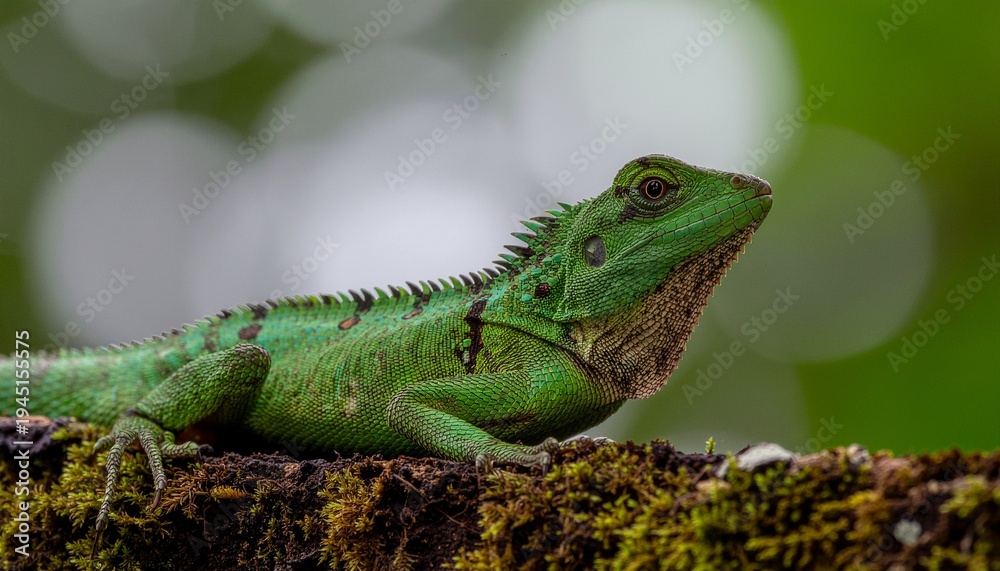 Fototapeta premium Close-up of a vibrant green lizard perched on a moss-covered branch, its scales detailed and its gaze alert in a natural, sun-dappled environment