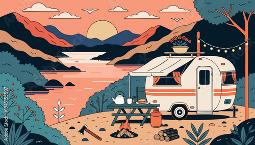 Sunset River Camping Travel Trailer Adventure Scene