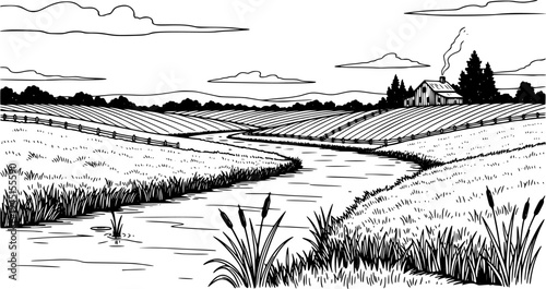 Hand-drawn rural landscape with winding river and farmhouse on horizon. Vector hand drawn illustration
