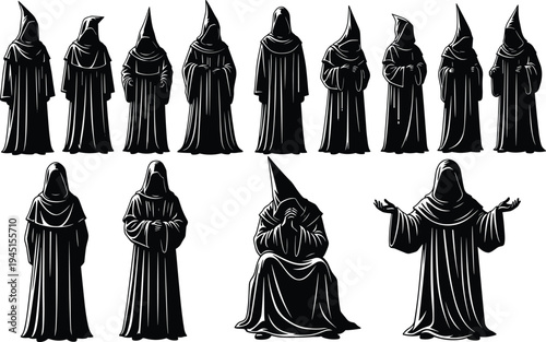 Mysterious set of hooded figures in black robes and pointed cowls standing and sitting in various poses for fantasy horror vector illustration.