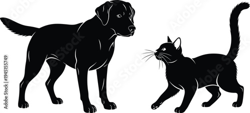 Black and white vector illustration of a dog and cat standing together for pet clinic logo design or veterinary medicine branding