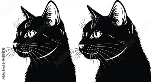 Black and white vector illustration of two identical cat heads in profile for feline pet logo design or animal lovers branding