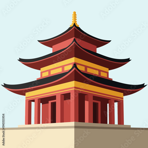 Traditional Asian Pagoda Architecture, Multi-tiered Roof, Red and Gold Colors, Serene Temple Building