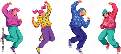 Cartoon children jumping in colorful casual clothes with hoodies sneakers dynamic poses vector illustration representing youth celebration energy and happiness