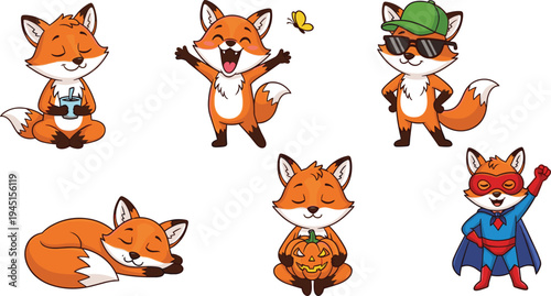 Cartoon superhero fox characters in colorful costumes diverse poses with emotions vector illustration representing imagination fun creativity character design