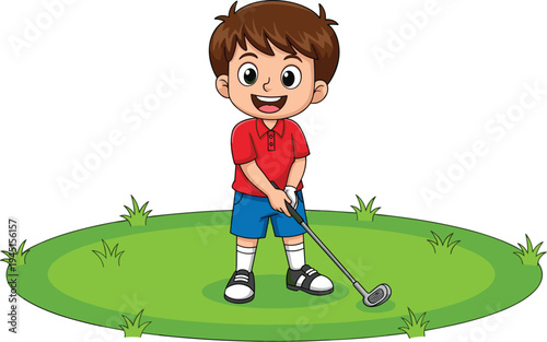 Happy young boy holding a golf club and standing on a green grass field while playing golf in a joyful vector cartoon illustration.