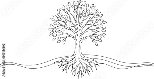 Minimalist continuous line drawing depicting a tree with strong roots and a flowing ground line