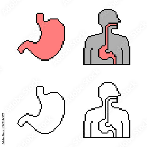 Set editable pixel stomach organ vector for retro medical games. Ideal for symbolizing 8-bit anatomy, digital health points, and nostalgic arcade biology.