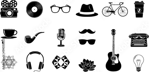Collection of black and white silhouette icons representing various elements of hipster and indie culture
