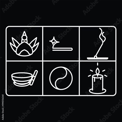 Set of 6 meditation and yoga icons vector, white line art on black background