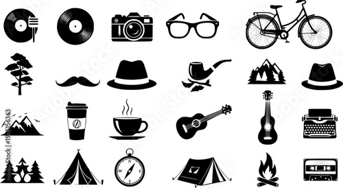 Collection of black and white silhouette icons representing various elements of hipster and indie culture