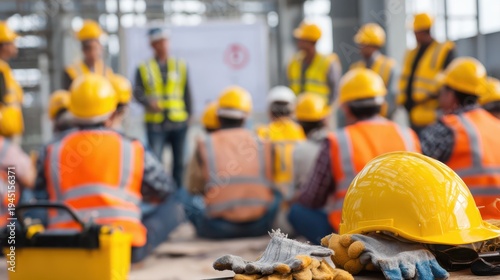 Workers listen to safety instructions at a construction site during the morning hours with tools and hard hats in focus