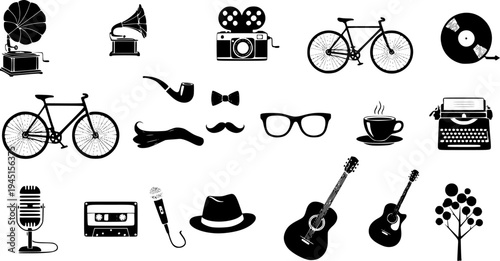 Collection of black and white silhouette icons representing various elements of hipster and indie culture